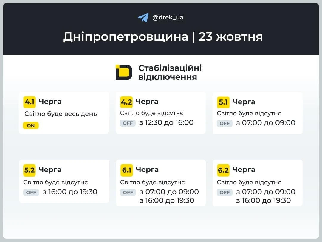 Графік планових відключень електроенергії на Дніпропетровщині 23 жовтня