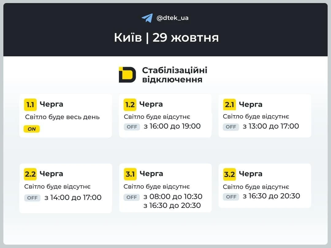 Світло у Києві та області 29 жовтня вимикатимуть за графіком: коли очікувати відключення