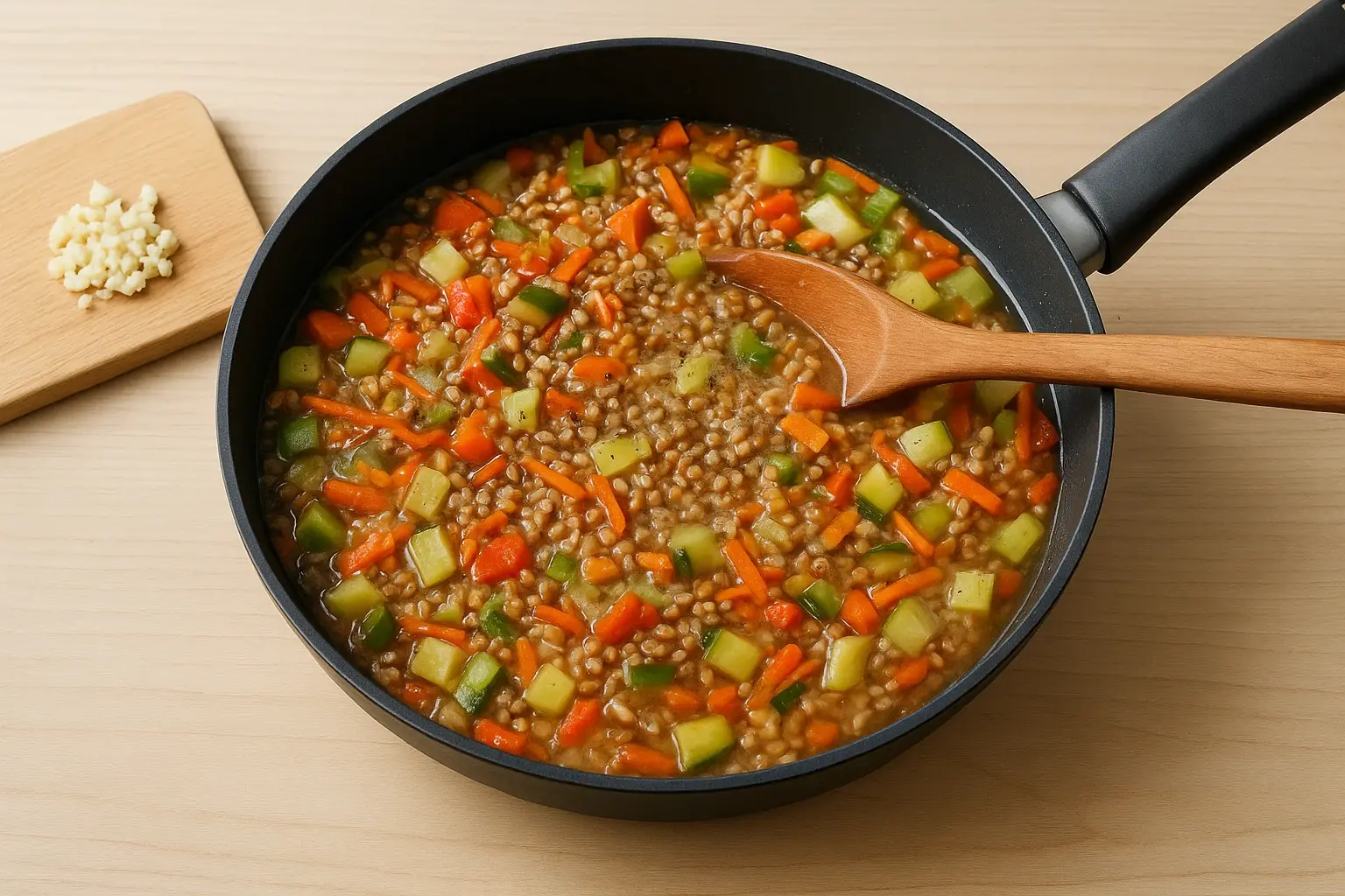Гречка з овочами на сковороді